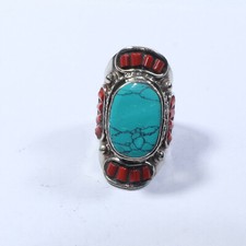 Ethnic Coral Turquoise stone Tibetan Ring Multistone bohemian Unique ring Size 9