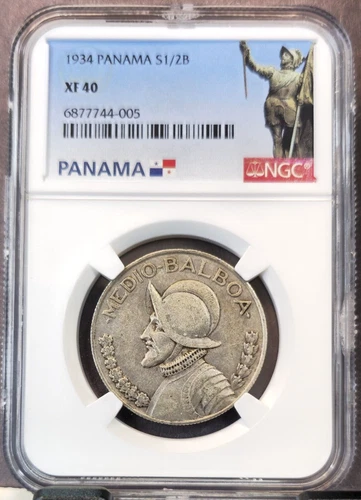 1934 PANAMA SILVER 1/2 BALBOA VASCO NUNEZ NGC XF 40 SCARCE KEY DATE COIN