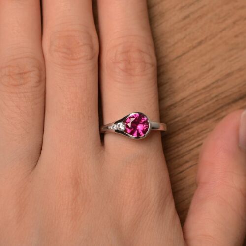 925 Sterling Silver Pink Ruby Ring Lab Created Round Gemstone Women Ring - Picture 2 of 5