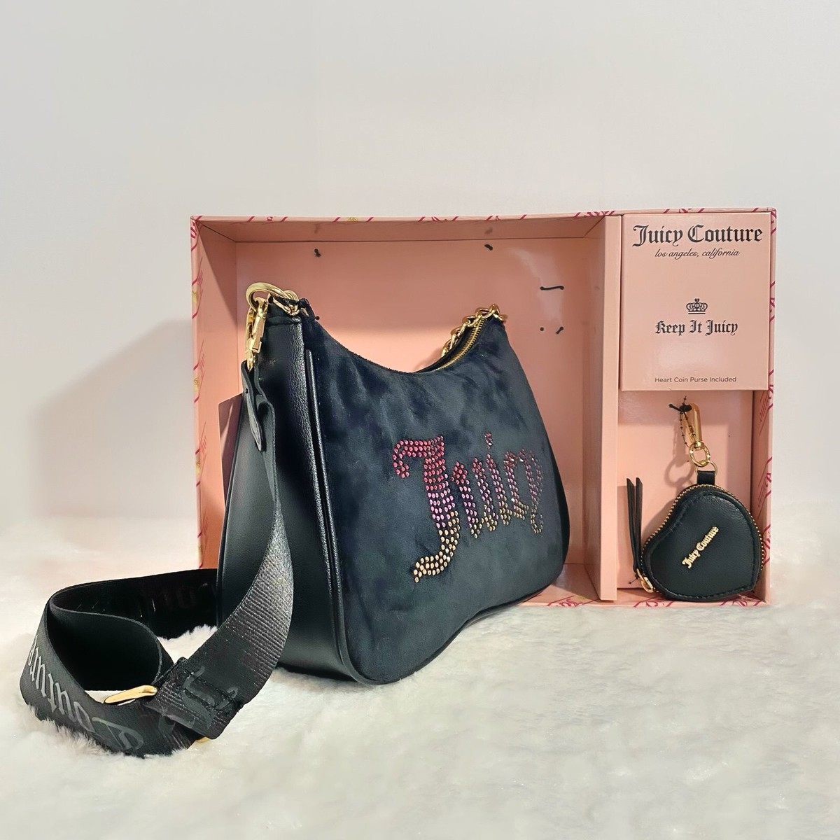 Juicy Couture Black Licorice Pink Rhinestone Handbag Bag & Heart