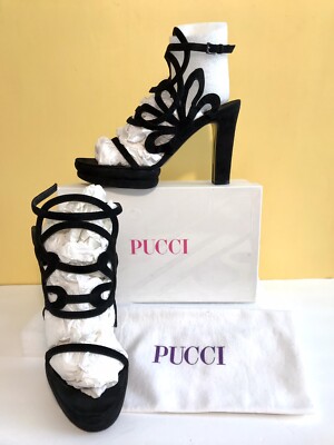 EMILIO PUCCI Authentic Black Suede Platform Heel Ankle Strap