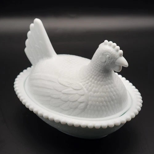 Vintage Indiana Glass White Milk Glass Hen on Nest Covered Dish