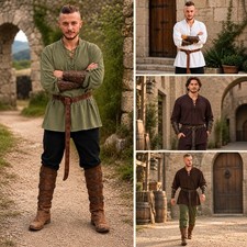 Men's Medieval Renaissance Costume Set Pirate Shirt Pants Belt Halloween Dress