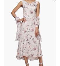 Alex Evenings Pink Purple Floral Chiffon Midi Dress Ruffle Cowl Neck 14