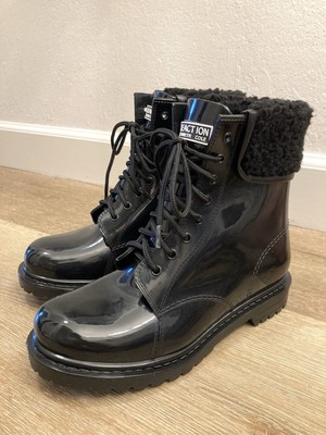 Kenneth Cole Reaction Black Rain Lace Up Cozy Lug Sole Rain Boots Women s Size 9