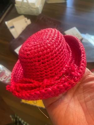 Vintage Large Doll Fine Woven Straw Hat Red  Nice- 4 x3 inches