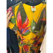 FARM Rio Yellow Tropical Midi Dress with Green Leaves and Red Blooms