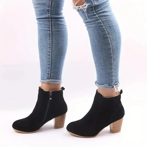 Botas De Ante Cuero Para Mujer Zapatos Sólidos De Tacón Grueso Botines Invierno - Bild 4 von 15