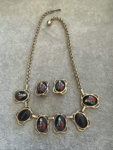 Vintage Asian Theme Hand Painted Black Onyx Clip Earrings Matching Necklace 17”