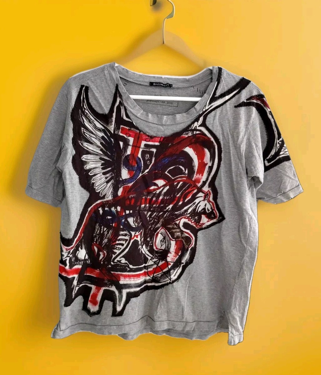 BALMAIN Printemps 2011 Graffiti Crest Top T-Shirt Gray Cotton