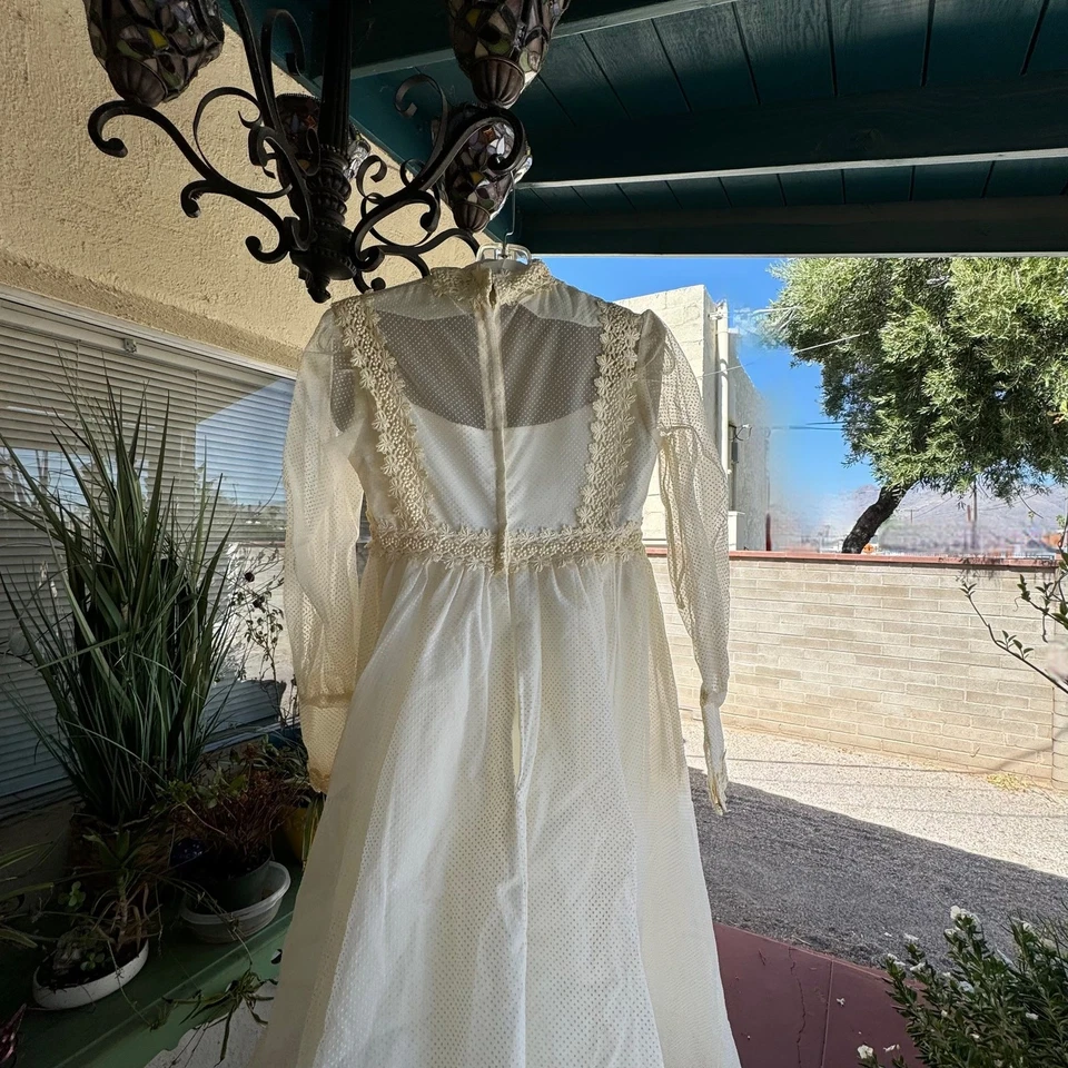 Vestido de novia suizo y encaje vintage hecho a mano marfil eduardiano pradera punteado S Foto 2 de 4