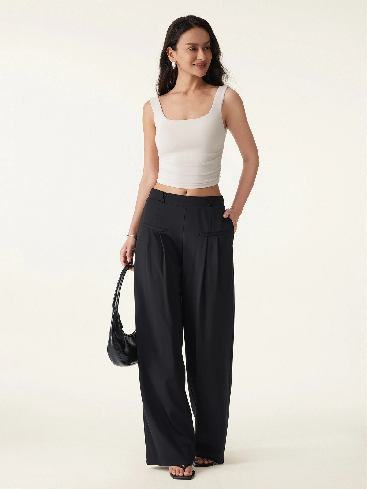 Drapey Bamboo Ponte Mid Rise Wide Leg Trouser with Pockets...