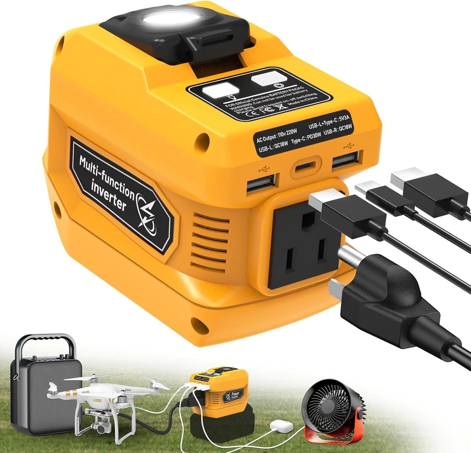 220W Power Inverter Compatible with Dewalt 20V Battery USB-C PD 30W 400lm LED