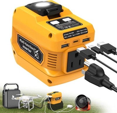 220W Power Inverter Compatible with Dewalt 20V Battery USB-C PD 30W 400lm LED