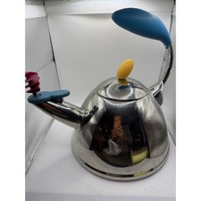 Michael Graves Design Stainless Steel Tea Kettle Blue Handle Maroon  Whistle