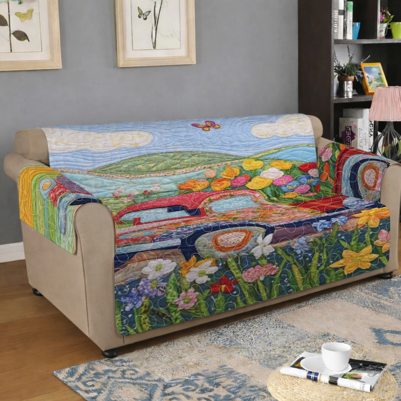 Quilted Sofa Cover, Countryside Red Truck Landscape Couch Protector