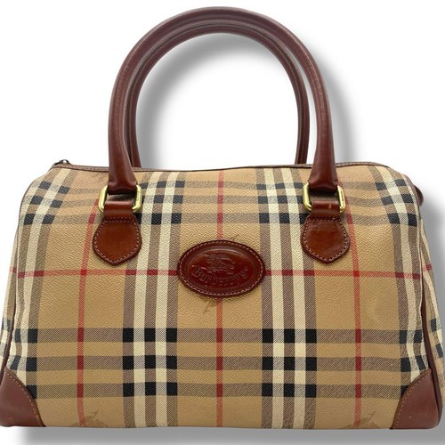 BURBERRY Hand Bag Tote Purse Mini Boston Bag Nova Check PVC Leather Brown Beige - Picture 3 of 24
