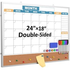 Monthly Calendar Dry Erase Board 24x18 Inch, Double-Sided Whiteboard and Cork...