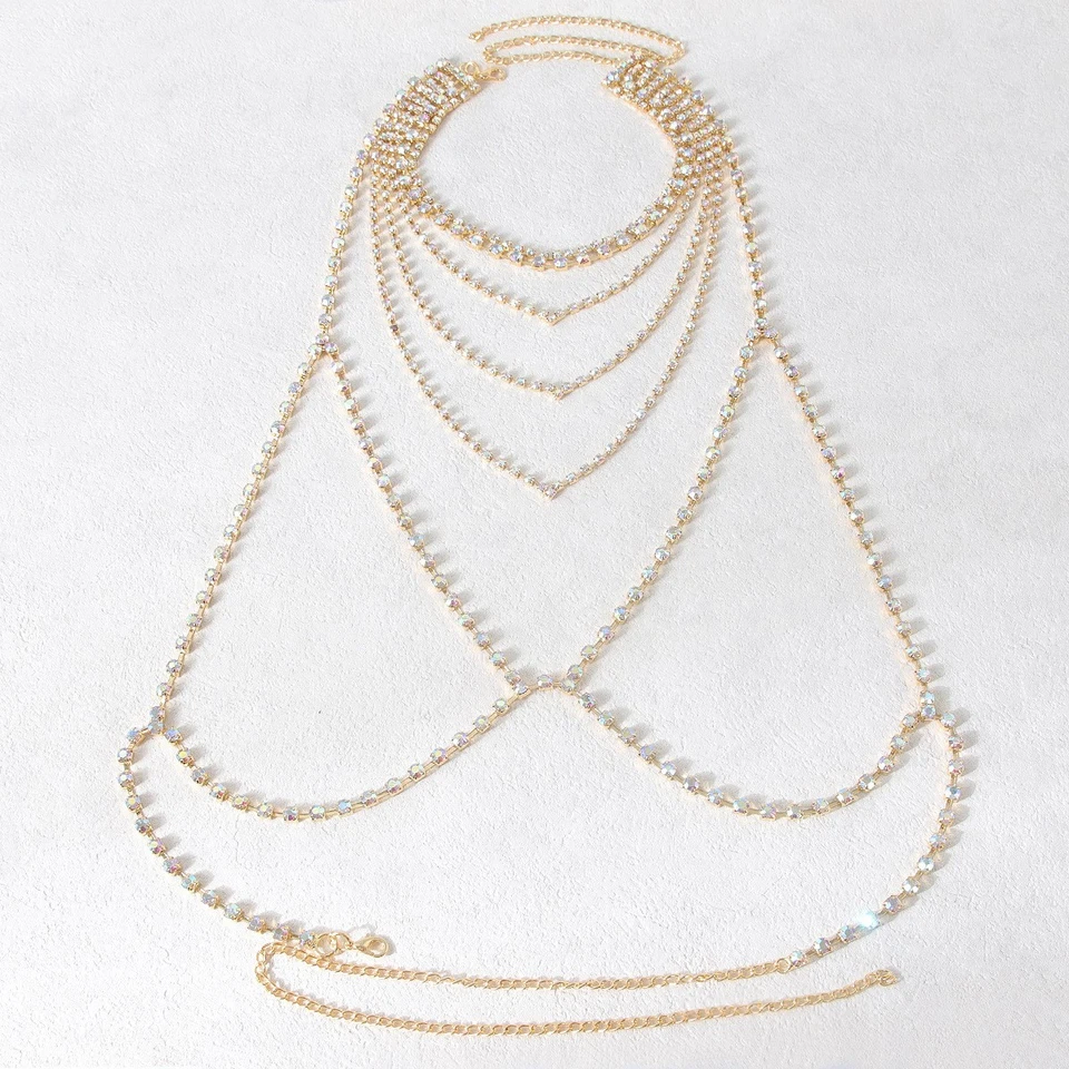 Mujer Brillante Sujetador Bralette Cintura Cadena Collar Cuerpo Joyería Pecho Arnés Dorado Foto 4 de 4