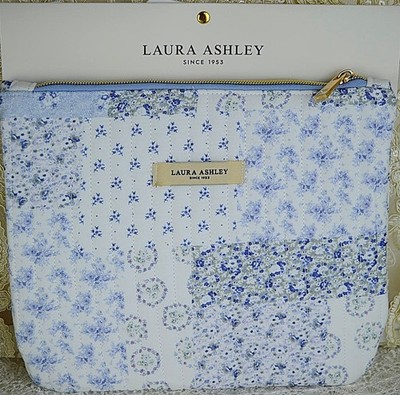 NWT LAURA ASHLEY Pouch CHRISTY LOVE BLUE WHITE PATCHWORK 8IN  X 10 IN