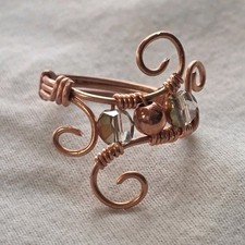 Handcrafted Copper Wire Wrapped Ring with Clear Round Glass Beads Size 6 1/2