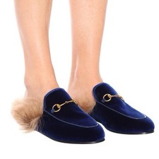 NEW GUCCI Princetown Blue Velvet  Fur Mules, Size 39