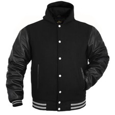 Mens Varsity Baseball Hoodie Style Wool Body Genuine Leather Arms Varsity Jacket