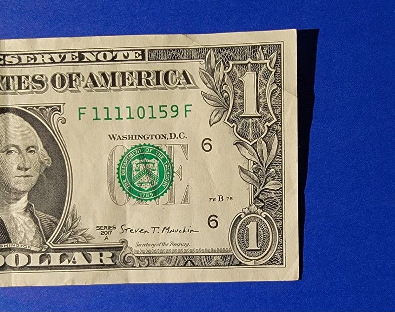fancy serial number 2017A One Dollar Note with FIVE OF A KIND 11111,S