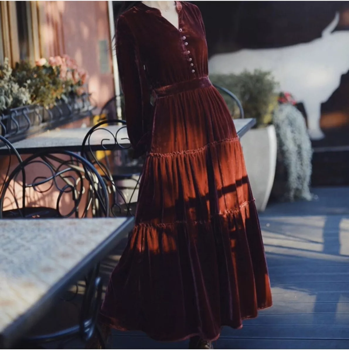 Vintage Dark Rust Velvet Long Dress