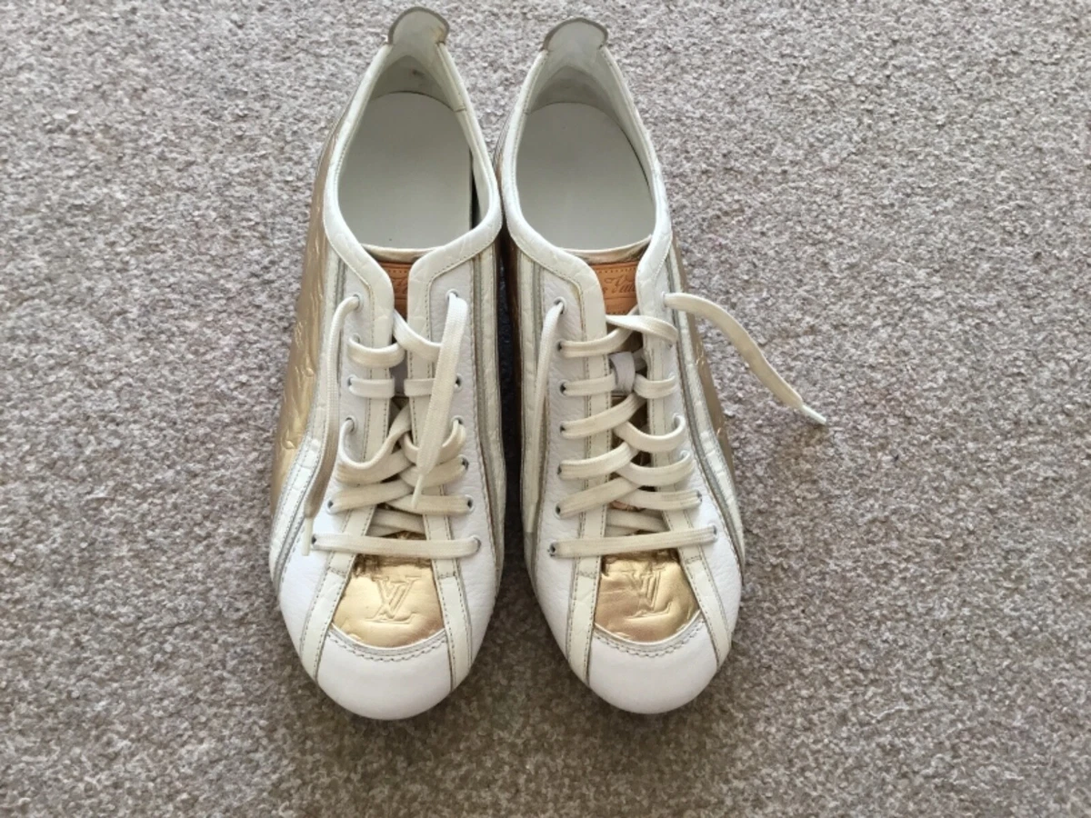 Louis Vuitton Womens Gold and White Trainers Sneakers with LV logo