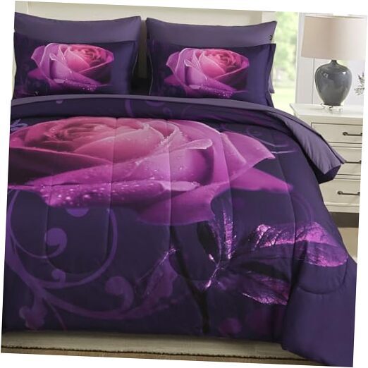 Comforter Set -7 Pieces, Reversible Rose Bed in a Bag, Queen Light Purple