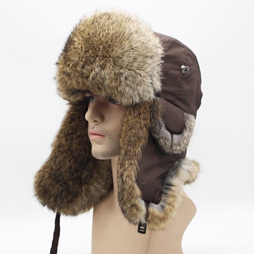 Real Rabbit Fur Ushanka Trapper Hat Earflap Ski Cap Russian Hunter Winter Warm - Picture 15 of 18