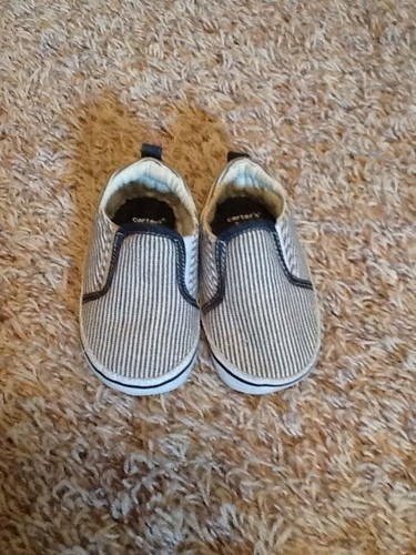 CARTERS BABY CASUAL STRIPED BLUE AND TAN EVERYDAY SHOES SZ 2 - Picture 2 of 5