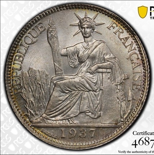 French Indo China, Colonial, 20 cents 1937, Lecompte-236, Silver, PCGS MS65
