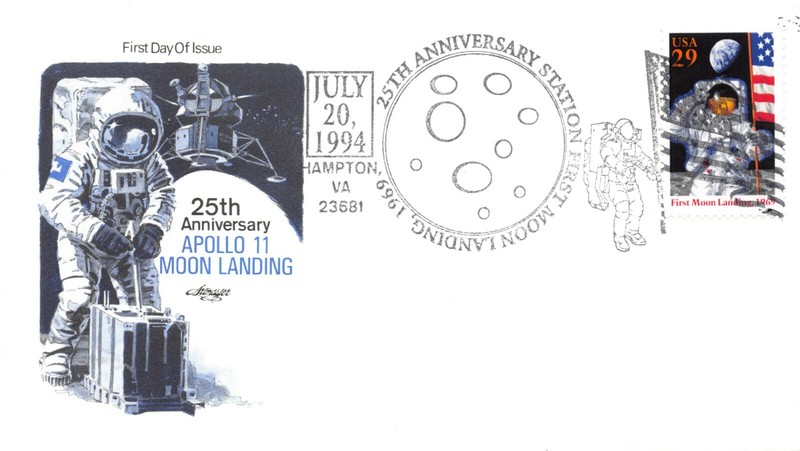 APOLLO 11 25th ANNIV 29c FIRST DAY USE HAMPTON VA ARTMASTER FLAG CACHET SC#2841a
