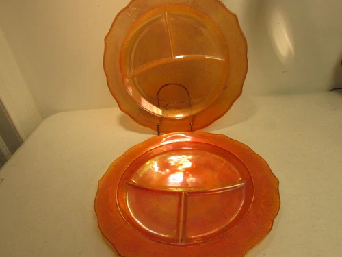 Federal Normandie Carnival Glass Iridescent Marigold 3-Section Grill Plates 11"