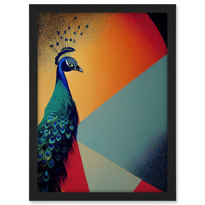 Pfau Portrait in leuchtendem Orange gerahmtes Wandbild Bild Druck A3