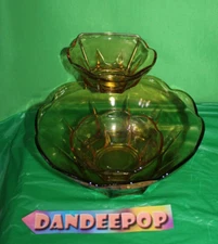Vintage Retro Amber Glass Glass Chip And Dip Bowl Complete Set