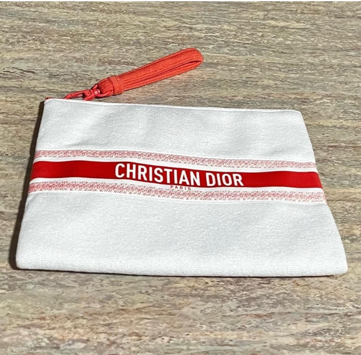 Christian Dior Terry Cloth Wristlet Makeup Bag White Coral New-image