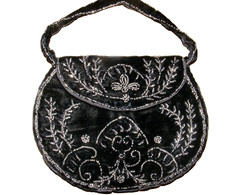 EDWARDIAN EVENING PURSE BLACK SILK VELVET STEEL CUT BEADS VINTAGE HANDBAG 6 X 5"