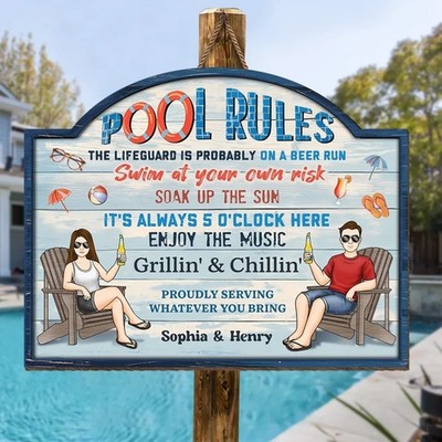 Custom Pool Rules Sign Funny Summer Couple Wooden Outdoor Decor