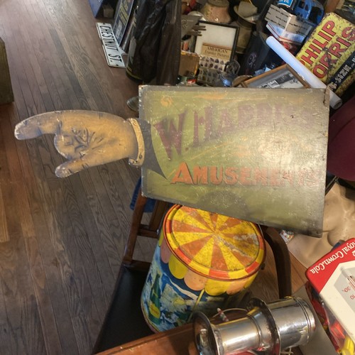 Super Rare Dates To Late 1800’s W. Harris’ Amusements Sign Pointing Hand