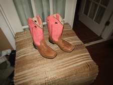 Old West Youth's Size 3 Tan Canyon Pink Broad Square Toe Boots Leather BSC1839