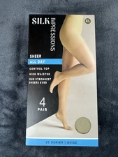Silk Impressions Sheer For All Day Control Top. 4 Pair. 20 Denier. Beige. XL