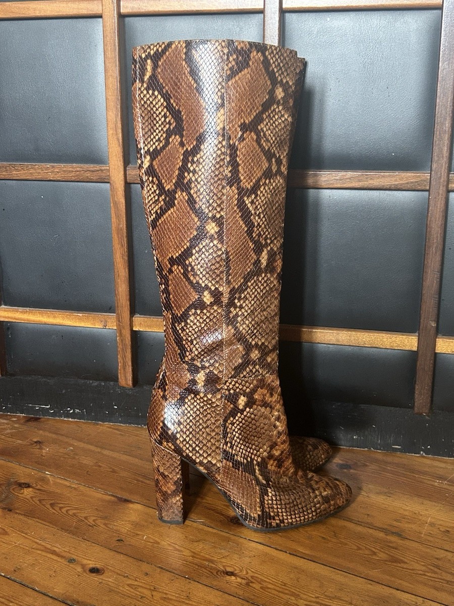 Women's Aldo Brown Leather Snakeskin Print Knee High Heeled Boots - Main Image