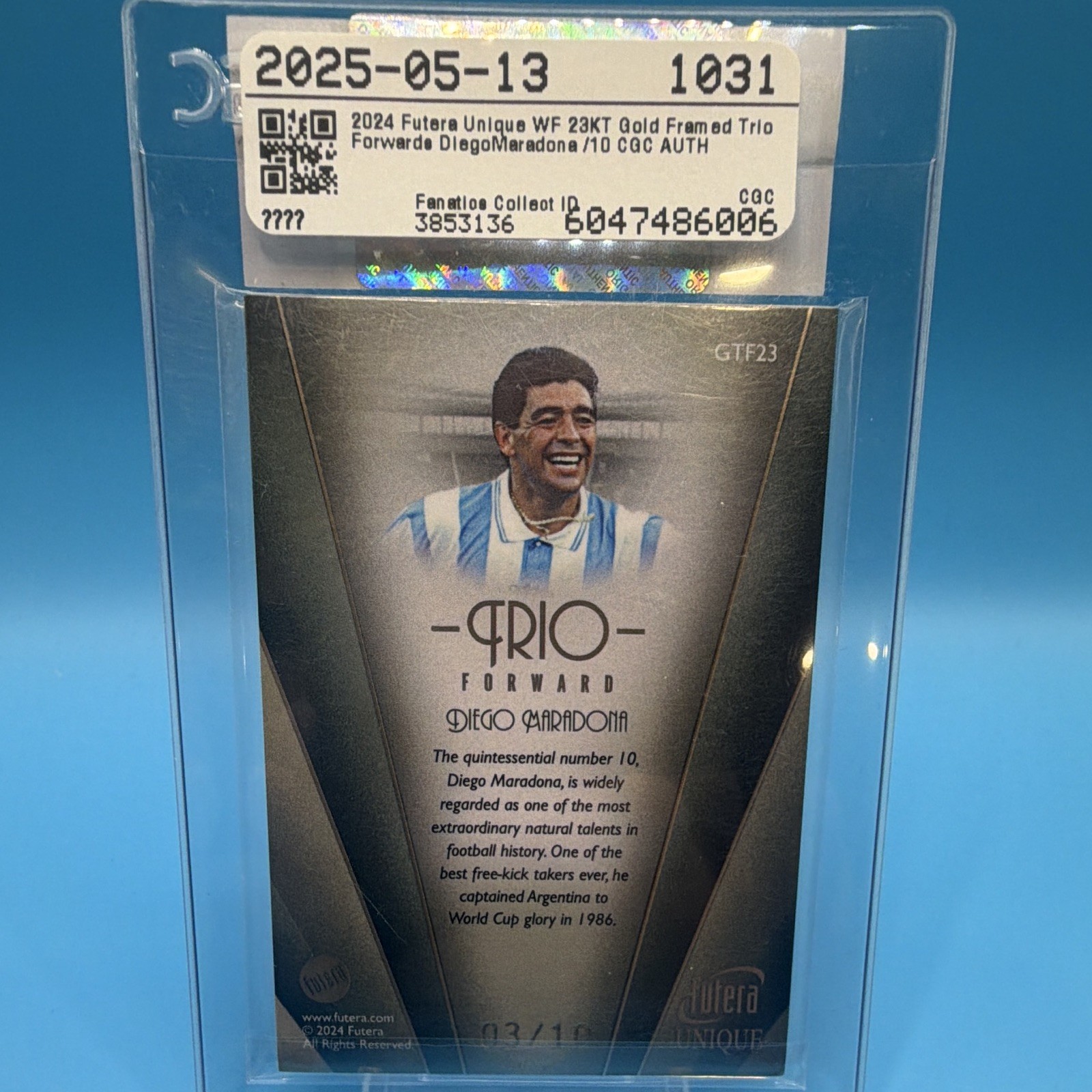 Futera 2024 Unique World Football 23KT Gold Framed GTF23 Maradona ARG 03/10 CGC view 2