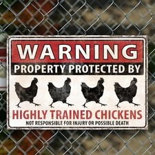 Vintage Humorous Protected By Chickens Metal Tin Sign Farm Yard Decor Funny Gift