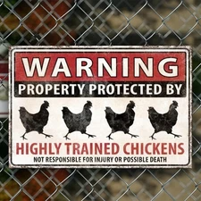 Vintage Humorous Protected By Chickens Metal Tin Sign Farm Yard Decor Funny Gift