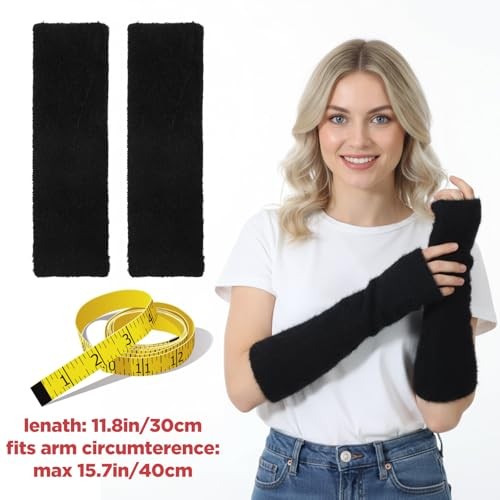 Fur Arm Warmers Y2k for Women Girls, Harajuku Black Long Fingerless Arm 