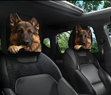 PAIR OF  CAR HEAD REST COVERS  WITH GERMAN SHEPHERD DOG WITH BONE ALSATIAN  